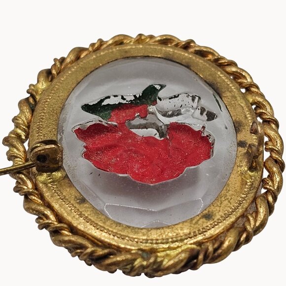 Vintage Gold-Toned Frame Clear Glass Red Handpainted Rose Brooch Fashion Jewelry - Picture 11 of 16